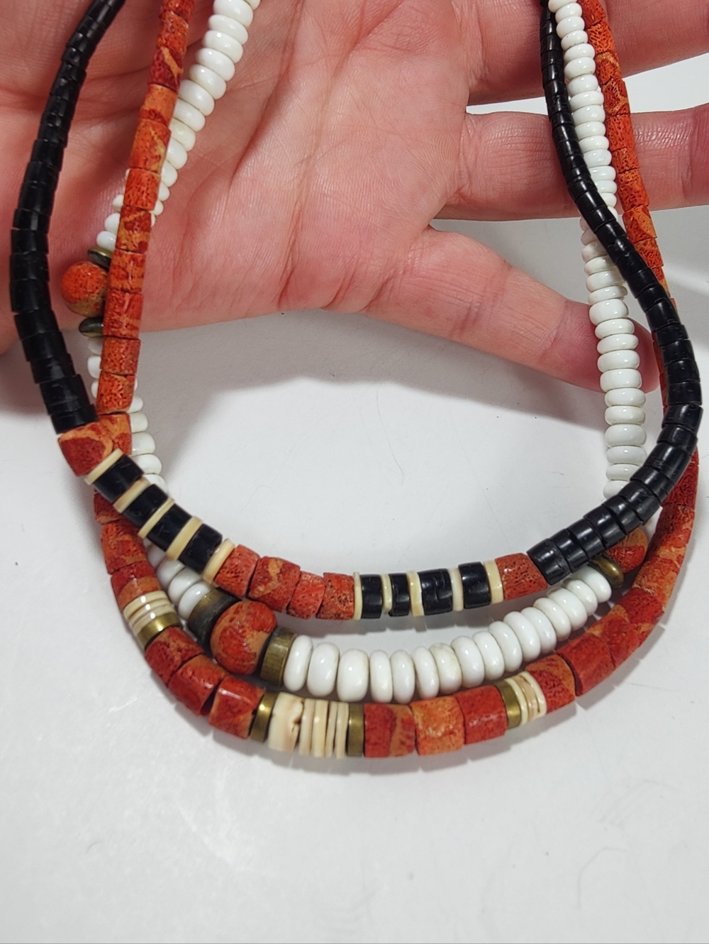 Set of 3 Puka Shell & Heishi Bead Necklaces Black White Coral Beach Boho Surfer